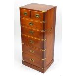 Yew campaign style seven drawer chest, with inset brass handles, 108cm H x 46cm W x 37cm D : For