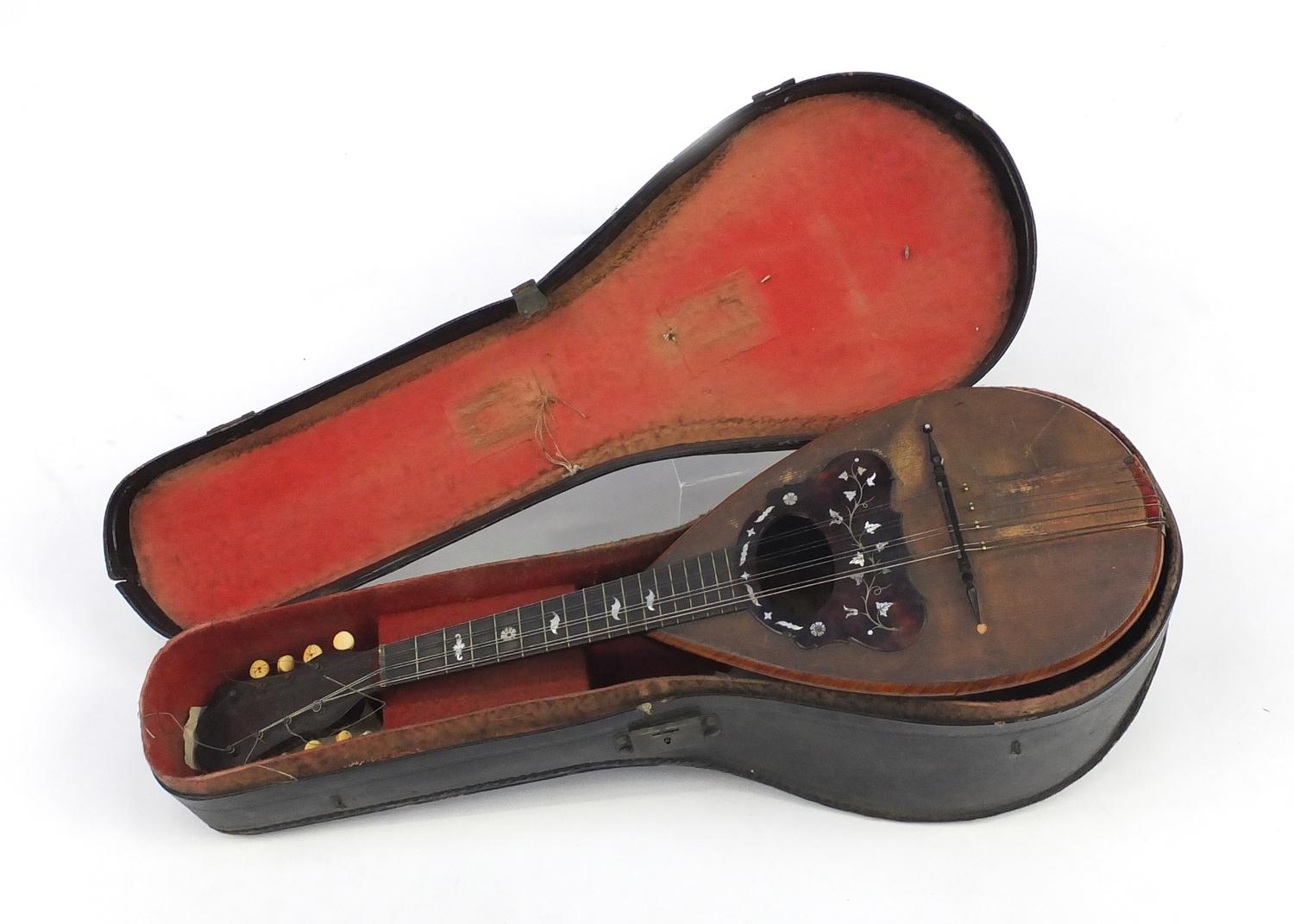 19th century rosewood mandolin with inlaid tortoiseshell guard and ivory pegs, bearing a Umberto - Image 6 of 6