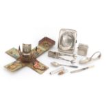 Victorian fold out sewing necessaire and a group of silver objects including cigarette case, vesta