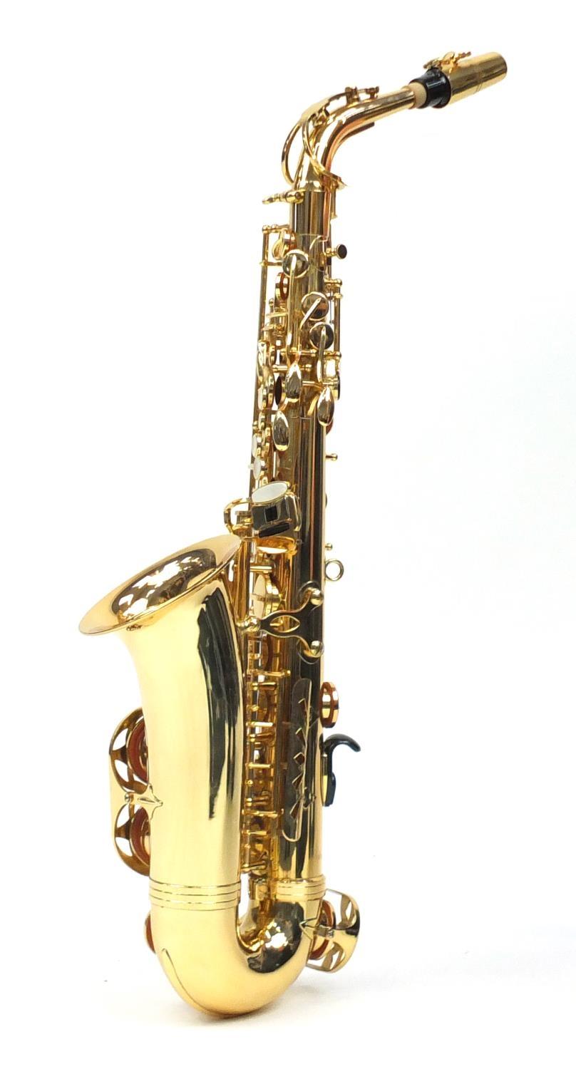 Jupiter 500 series brass saxophone, with Mother of Perl keys and fitted case, numbered 101116,