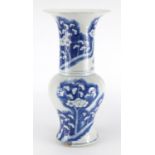 Chinese blue and white porcelain Yen Yen vase, hand painted with Prunus flowers, blue ring marks