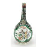 Chinese porcelain bottle vase, hand painted in the famille noir palette with two panels of figures