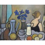 Female in an interior with still life, oil on board, bearing a signature Markey, 49cm x 39cm : For