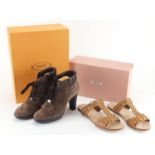 Tod's brown suede and leather boots and a pair of Miu Miu leather sandals, sizes 39 and 39.5, both