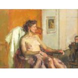 After Bernard Dunstan - Nude female in an artists studio, oil on board, pencil inscription and