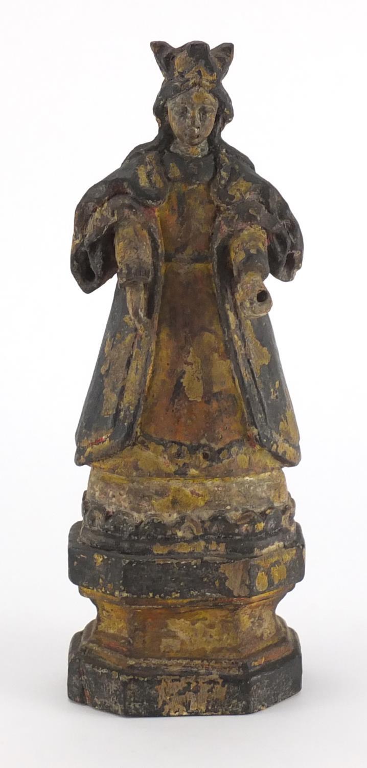 Antique hand painted wood carving of Madonna, 27cm high :For Further Condition Reports Please - Image 2 of 7