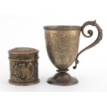 Victorian silver cup and a cylindrical silver box and cover, the cup 11cm high, approximate weight