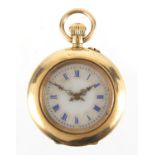 Ladies 14ct gold pocket watch, the case enamelled with a purple flower and set with a central