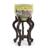 Chinese porcelain yellow ground jardinière, hand painted in the famille verte palette with panels of