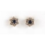 Pair of 9ct gold sapphire and diamond earrings, 8mm in diameter, approximate weight 1.7g : For