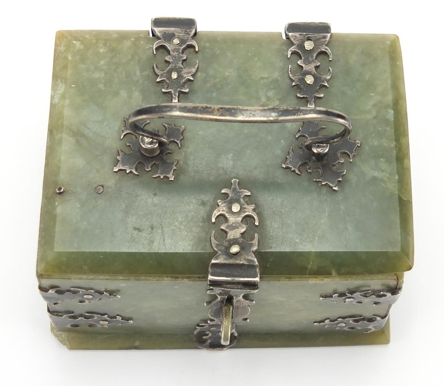 19th century Indian Mughal green jade casket, with silver mounts and swing handle, 5cm H x 9cm W x - Image 7 of 8