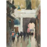 John Tookey - Venetian backstreet, dusk, watercolour, inscribed At the Mall Galleries Exhibition