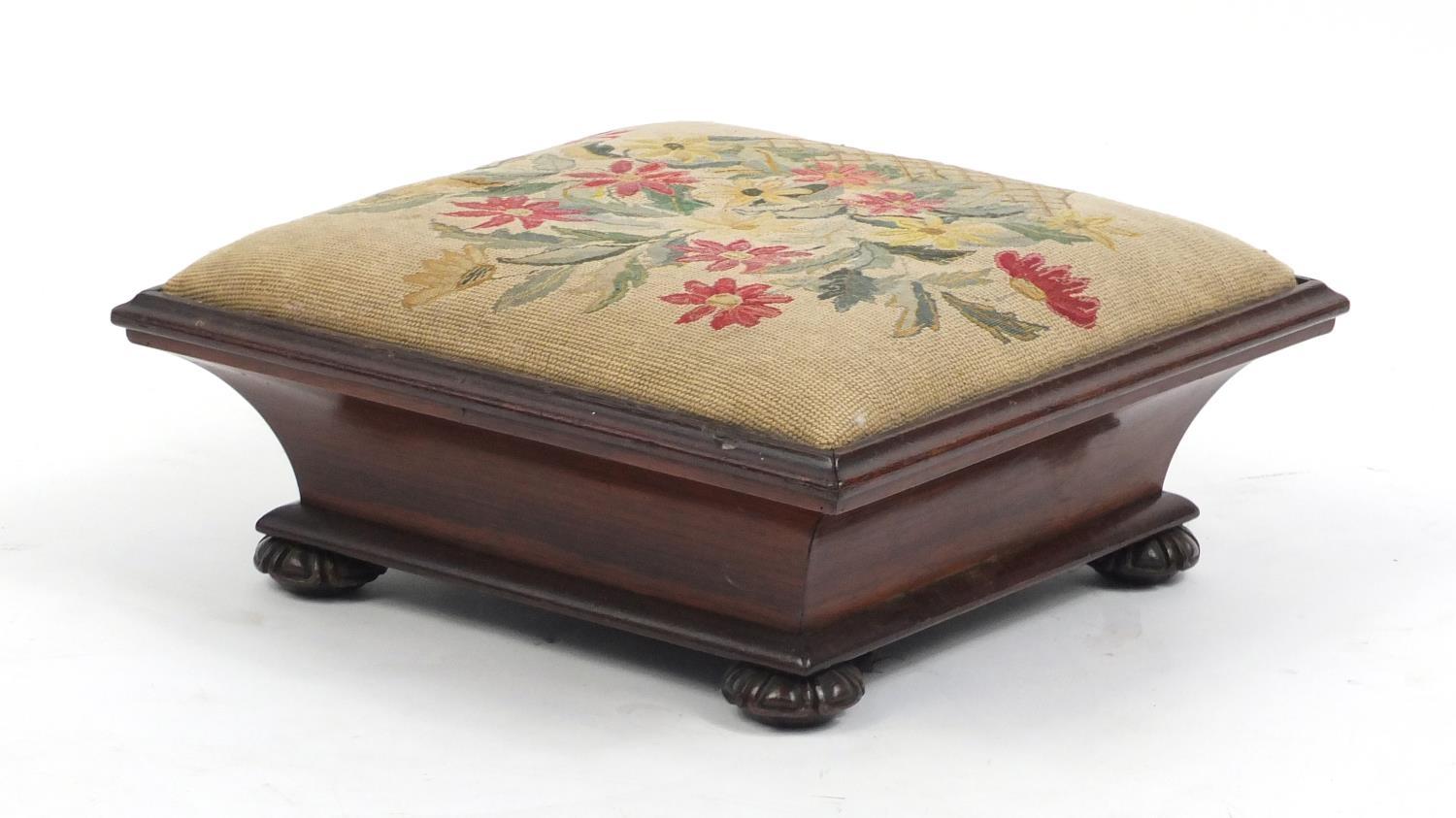 Victorian rosewood foot stool with floral upholstery, 16.5cm H x 38cm W X 38cm D : For Further - Image 3 of 3