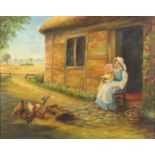 Mother and daughter feeding chickens, oil on canvas, bearing a monogram P, mounted and framed, 49.