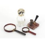 Antique and later objects comprising a novelty owl design sifter with silver plated lid, marble desk
