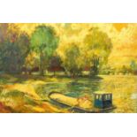 River scene with figures in a boat, impressionist oil on board, bearing a signature possibly