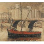 Attributed to Harold Workman - Boat in a river, oil on board, inscribed verso, framed, 49.5cm x 45cm