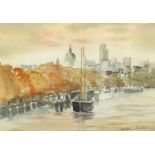 Gillian Burrows - Embankment, London, pen and watercolour, labels verso, mounted and framed, 35.