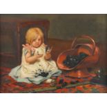 Young girl in an interior playing with coal, oil on canvas, inscribed Mary J Dawnard verso,