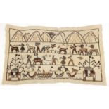 Textile depicting figures and animals, possibly South American, 144cm x 83cm :For Further