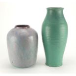 Two large Upchurch pottery vases including one with a mottled purple glaze, each with impressed