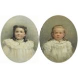 Two young girls in Christening gowns, pair of Victorian mixed medias, mounted and framed, each