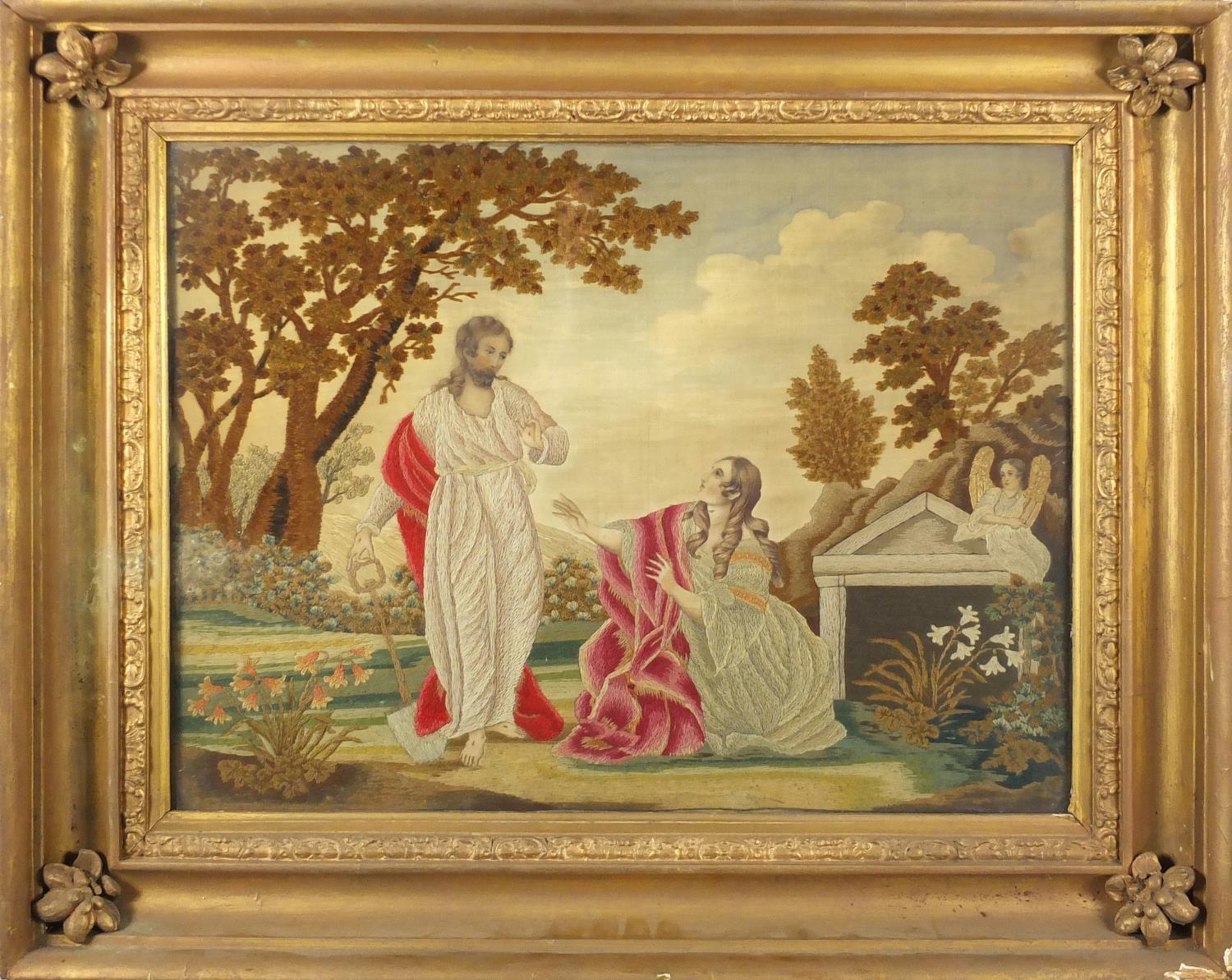 Georgian silk work panel embroidered with two figures beside an angel, mounted and framed, 49cm x - Image 2 of 3
