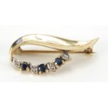 9ct gold sapphire and diamond leaf brooch, 3cm in length, approximate weight 2.3g : For Further