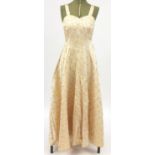 1930's dress embroidered with gold roses, 120cm in length : For Further Condition Reports Please