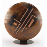 Sam Fanaroff circular copper vase having an applied abstract design, impressed SF05 to the base,