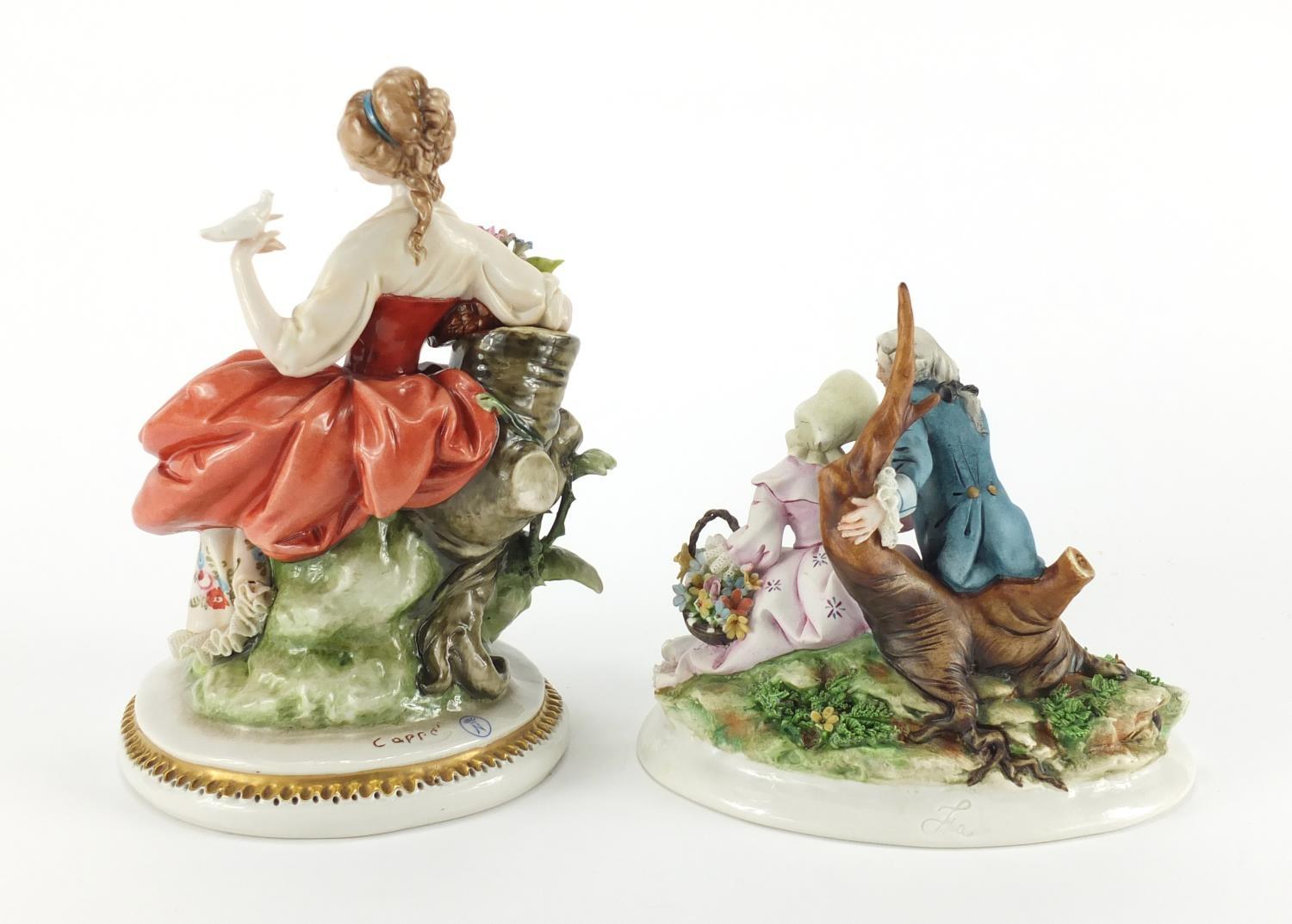 Capodimonte hand painted porcelain figure of two lovers and an example of a female holding a flower, - Image 4 of 8