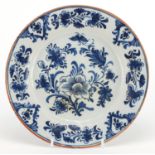 18th century Delft tin glazed pottery plate, hand painted with flowers, 23cm in diameter :For