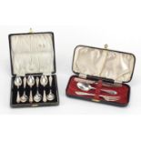 Set of six silver teaspoons and a silver Christening knife, fork and spoon, set by Viners,