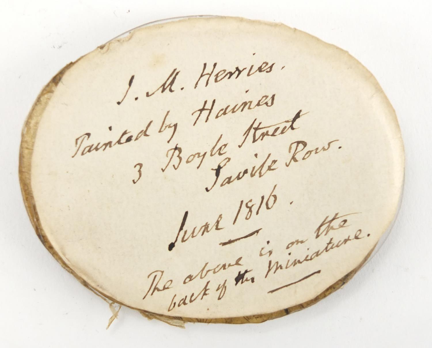 Attributed to William Haines - Oval Georgian hand painted portrait miniature of J M Herries, - Image 3 of 4