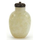 Chinese pale celadon jade snuff bottle and stopper, carved with a fisherman on water and a stork,
