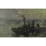 Ken Moroney - Tug Boats, oil on board, artist's studio stamp verso, mounted and framed, 35cm x 21.