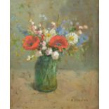 Frances Sinclair - Still life wild flowers, oil on board, inscribed label verso, mounted and framed,