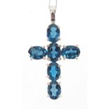 9ct white gold blue topaz cross on a 9ct white gold necklace, the cross 3.5cm in length, approximate