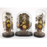Three Victorian wax fruit displays, each housed under glass domes raised on ebonised wood stands,