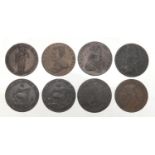Eight late 18th century half penny Conder tokens including Cronebane, Parkers and Fyan's :For