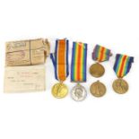 British Military World War I pair and three victory medals, the pair with box of issue awarded to