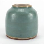 Chinese porcelain green glazed brush washer, blue ring marks to the base, 5.7cm high :For Further
