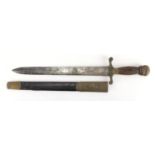 19th century Military interest dagger with scabbard and engraved steel blade, 46cm in length :For