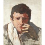 Marcel Delmotte 1983 - Portrait of a smoking man, oil on hessian laid on board, mounted and