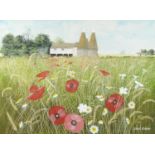 Paul Evans - Poppies and Oasts, Sussex, heightened watercolour, inscribed verso, mounted and framed,