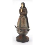 Antique wood carving of Madonna with ivory face, hands and miniature inset glass eyes, 51cm high :