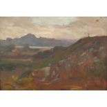 James Kay - Scottish landscape with distant Loch, oil on wood panel, label printed from The