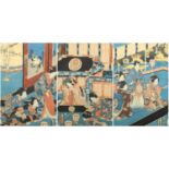 19th century Japanese woodblock triptych, depicting Geisha's, with character marks, each mounted and