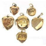 Six 9ct gold back and front lockets including love hearts, the largest 2.5cm in length,