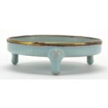 Chinese porcelain blue glazed tripod censer with partially gilt copper rim, 4.5cm high x 14cm in